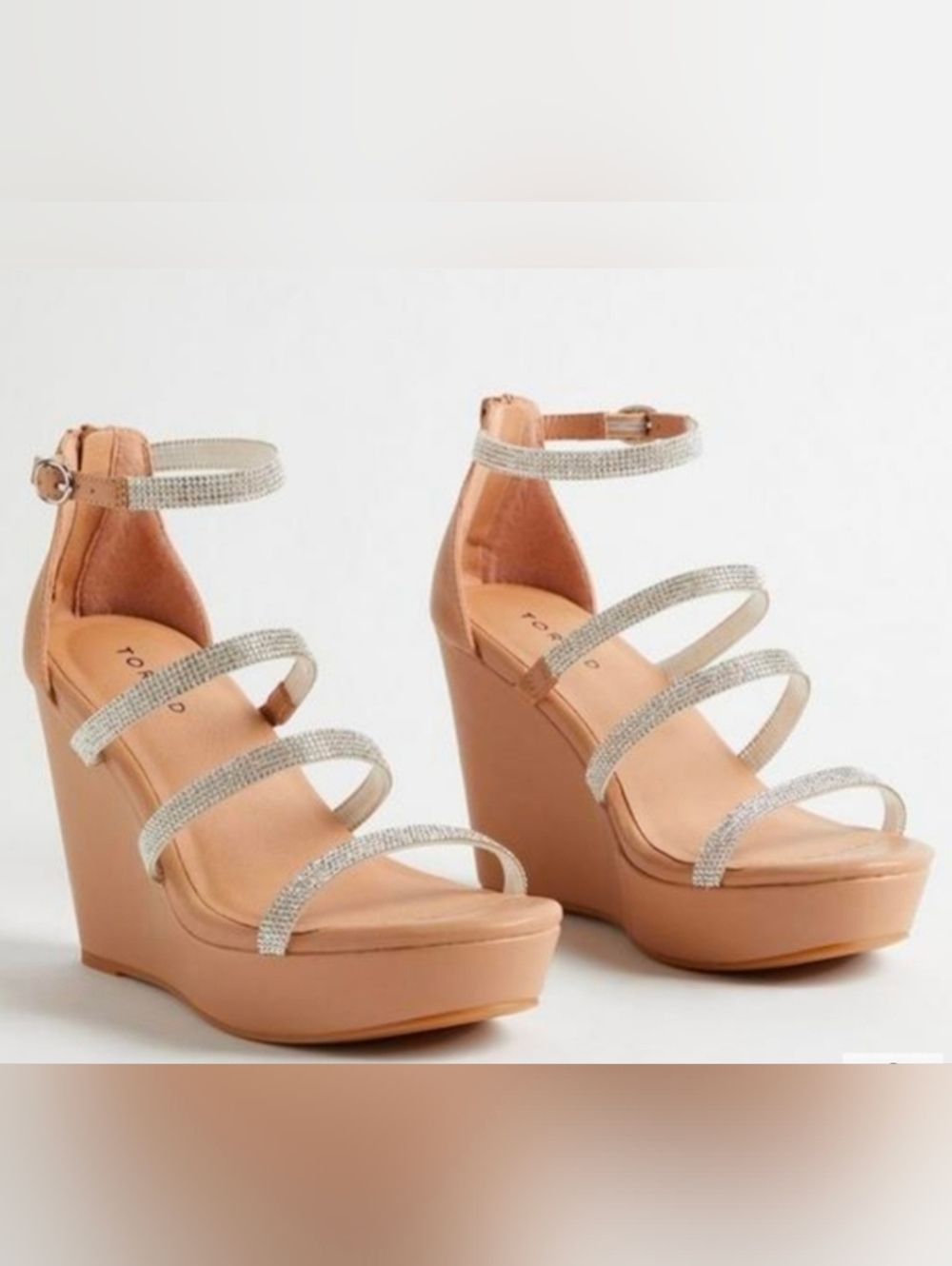Nude Wedge Sandals with Rhinestone Straps -